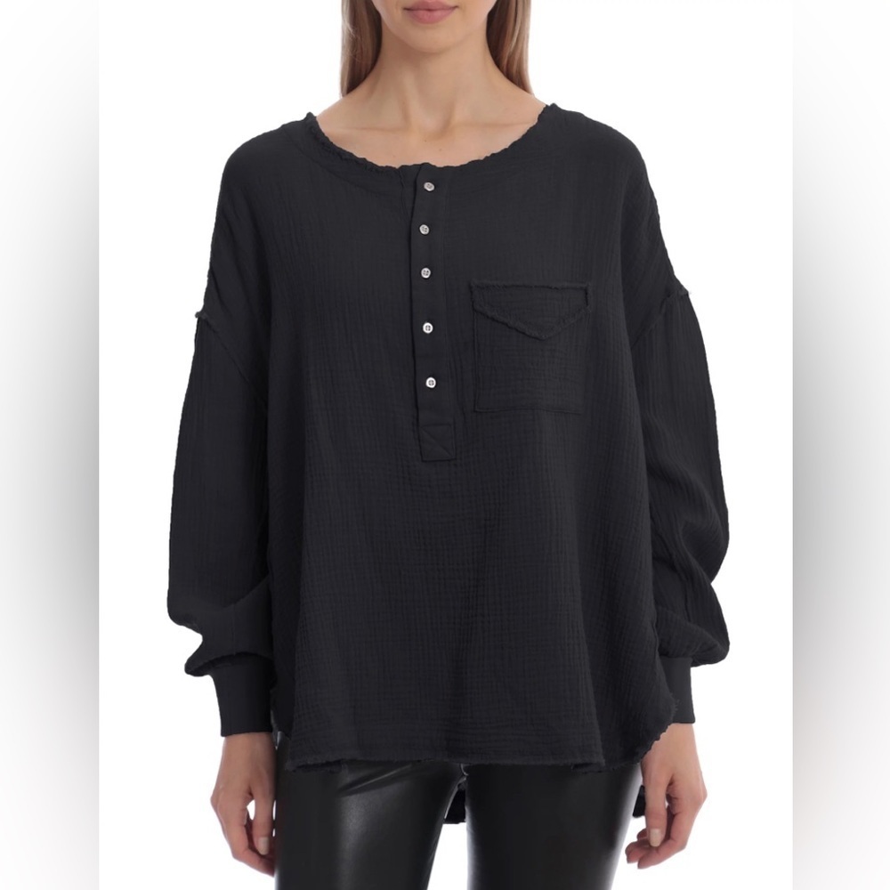 Avec Les Filles Women's Oversized Cotton Waffle Henley Size Small black fringe